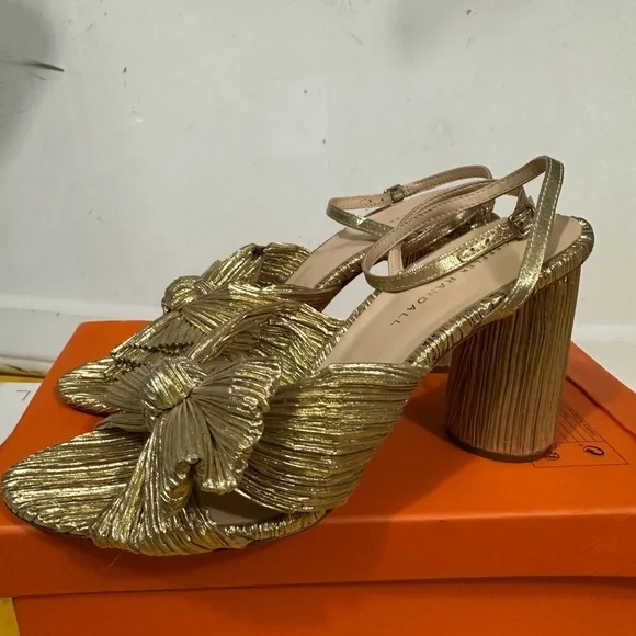 Loeffler Randall Camellia Gold Pleated Bow Heel Sandal MSRP $400 EUC Size 9.5 - Picture 4 of 9
